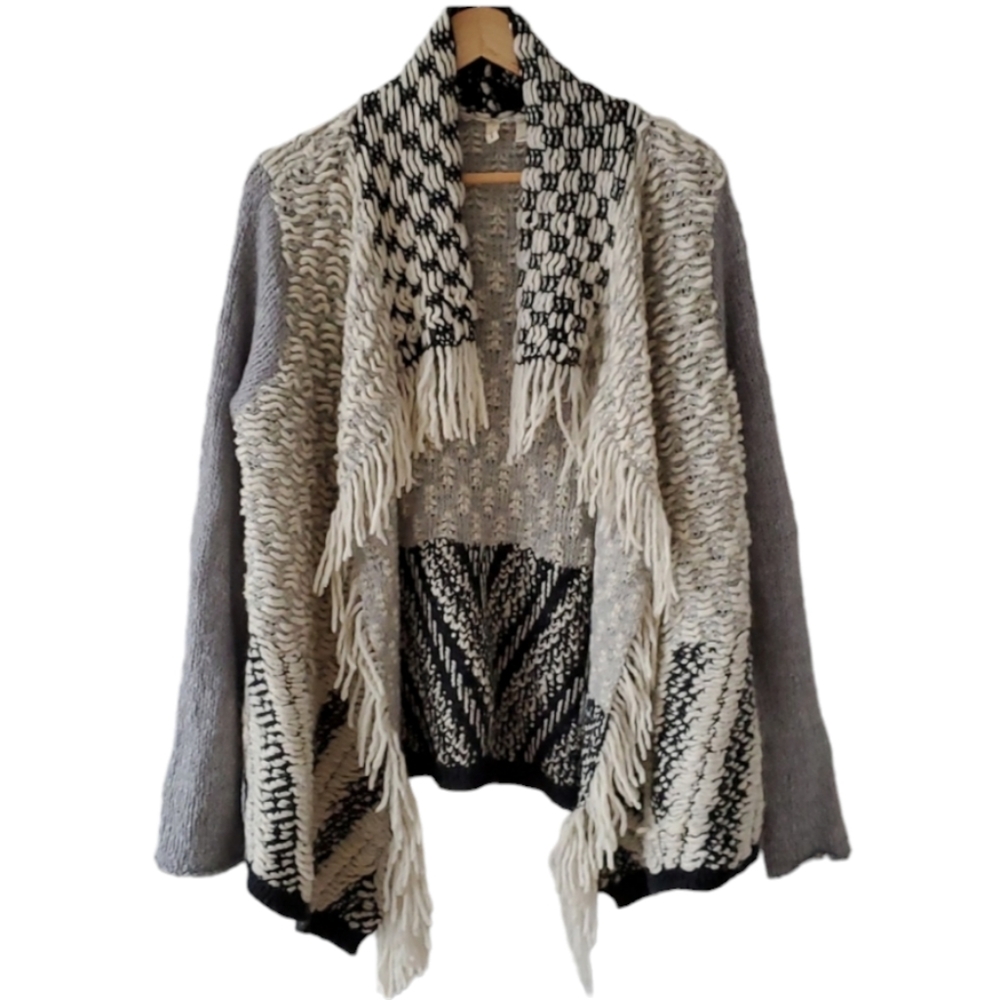 Moth Anthropologie Amba Fringe Open Front Cardigan Off White Black Grey Sz S